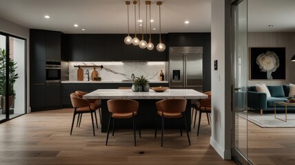 Modern kitchen with a large dining table and a view of a living room.