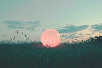 Pink Moon Rising Over Grassy Field at Dusk