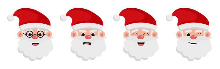 Santa Claus expressions set. Happy, angry, and winking faces. Vector illustration isolated on white background