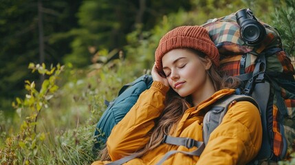 Obraz premium female tourist lies on the grass. Selective focus