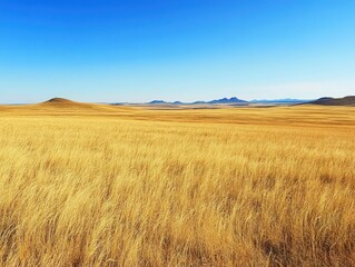Vast expanse prairie with golden grass swaying in the wind, under a clear blue sky with a distant mountain range