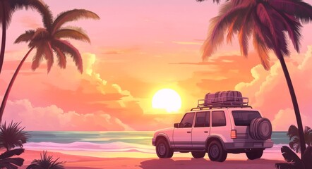 A vibrant cartoon-style illustration of an SUV parked at a beach, featuring luggage on the roof. The scene includes palm trees and a stunning sunset sky with orange and pink hues 
