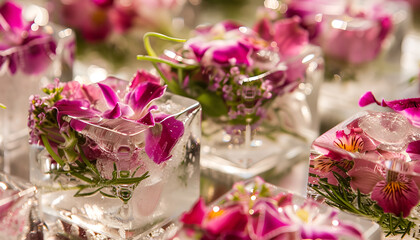 Fresh pink and purple flowers frozen inside ice cubes. Ice pyramids add a cool and refreshing element to the arrangement