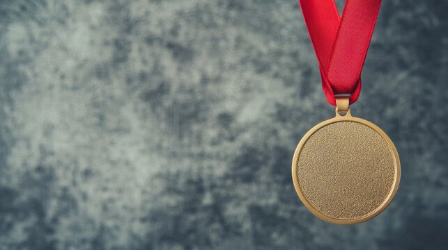 A gold medal with a red ribbon hangs against a textured backdrop, symbolizing achievement and recognition.