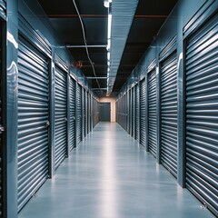 Fototapeta premium Long Hallway with Grey Storage Unit Doors