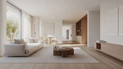 Fototapeta premium A bright Scandinavian living room featuring minimalistic furniture and natural light in a cozy modern space