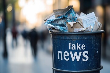 trash cans filled with newspapers and various papers with the inscription "fake news"