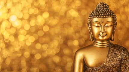 A golden Buddha statue against a shimmering, golden background, symbolizing tranquility and spiritual enlightenment.