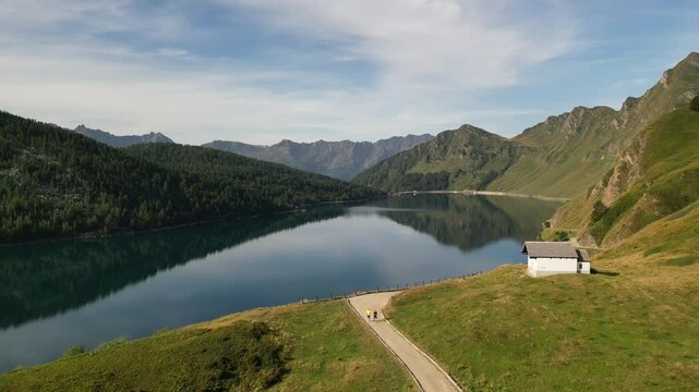 Aerial video of Landscape of lake Ritom in Piora Valley, Ticino, Switzerland