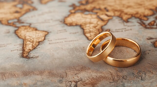 Two gold wedding rings rest on an antique world map, symbolizing love, commitment, and the journey of marriage around the globe.