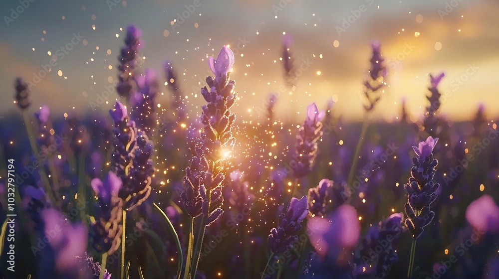 Canvas Prints   Field of purple flowers under a cloudy sky, bathed in midday sunlight