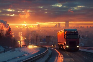 Obraz premium A red truck driving down a snow covered road