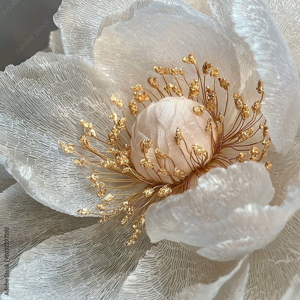 Poster   A close-up of a large white flower with golden stamens on its stem and stamens on its petals