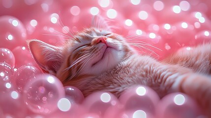 A cute ginger kitten sleeps peacefully in a pool of pink balls.
