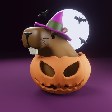 Happy Halloween greeting card vector illustration. Capybara in Halloween basket