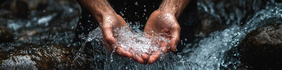 Fototapeta premium hands collect water in a waterfall. Selective focus
