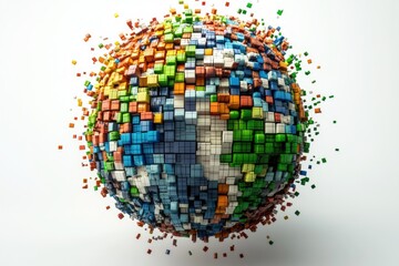 Pixelated Globe with 3D Elements Falling Apart