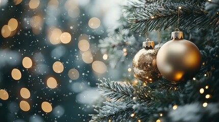 Obraz premium A festive Christmas scene with gleaming ornaments and a lush branch of an evergreen tree.