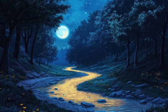 A winding path through a moonlit forest leads to a river illuminated by moonlight - Powered by Adobe