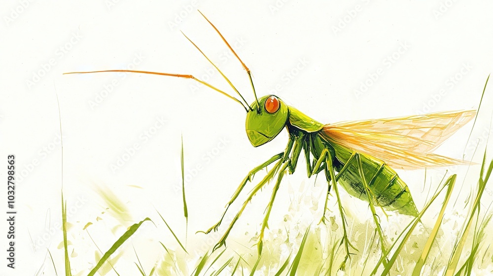 Poster   A clear photo of a grasshopper on tall grass with a blue sky in the background