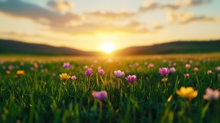 Blooming flowers in a meadow, with the sun perfectly aligned over the horizon, symbolizing balance and renewal during the Spring Equinox, soft sunlight filtering through the scene 