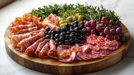Obraz premium Elegant Charcuterie Board Display showcasing Delicacies in Circular Arrangement from Top-Down Perspective