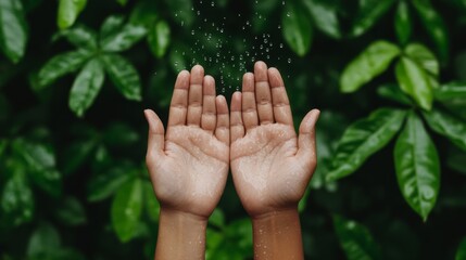 Diverse group of hands reaching out to catch raindrops, surrounded by greenery, symbolizing unity and collective action for water conservation on World Water Day 