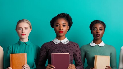 Diverse women holding signs and books, with historical icons like Rosa Parks and Marie Curie in the background, symbolizing progress during Women's History Month 