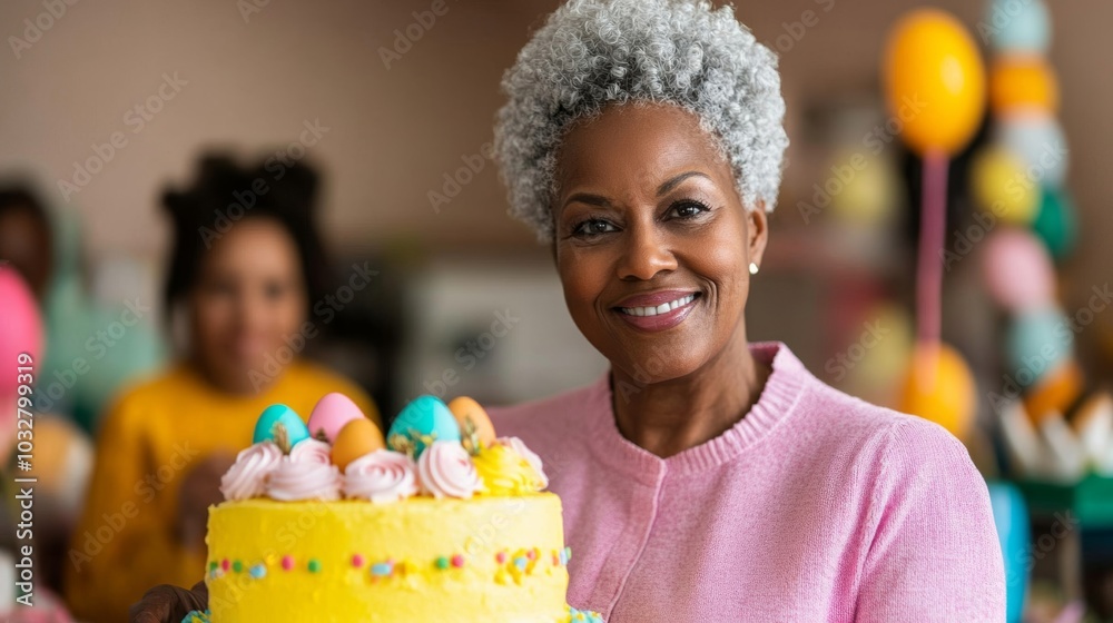 Poster Enabled woman decorating an Easter cake with pastel icing, surrounded by family members who are helping to set up for the Easter celebration, creating a warm and inclusive moment 