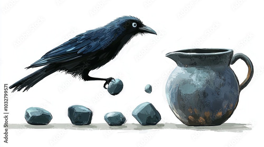 Poster   A sketch of a raven perched atop a rock near a vase surrounded by pebbles below