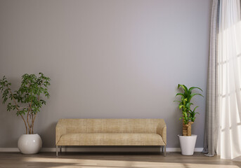 Interior home of empty room with plant and sofa on hardwood floor on white wall copy space mockup