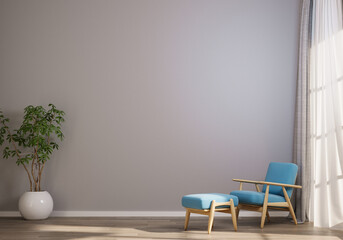 Interior home of empty room with plant and chair on hardwood floor on white wall copy space mockup