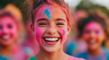 Joyful scene of people playing with colorful powder at a festival, their smiles bright and faces covered in rainbow colors for International Day of Happiness 