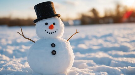 Obraz premium Melting snowman with a tilted top hat, his stick arms drooping and one coal button fallen to the ground, as the warm sun slowly melts him away 