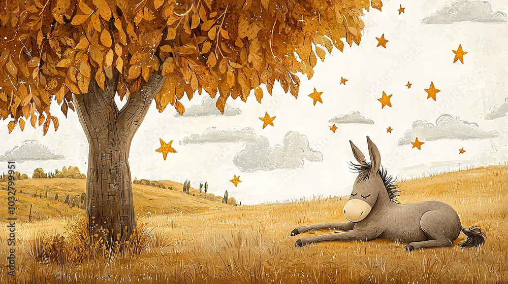 Wall mural  Donkey in Grass Under Tree with Stars and Field Below