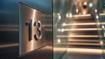 Metallic number 13 sign by a modern staircase