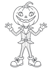 Halloween pumpkin head character in a suit, simple coloring page illustration