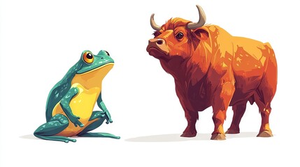   A bull and a frog sitting together, facing one another on a white background