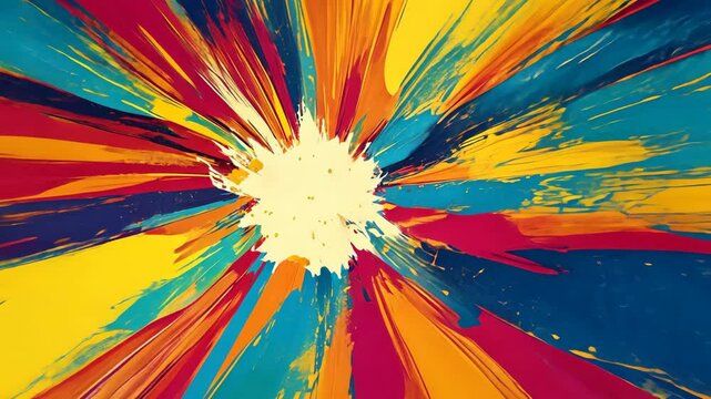 A vibrant abstract painting featuring bright yellow, red, blue, and orange stripes radiating outward from a central white splotch