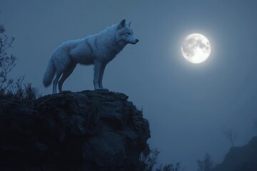 A lone white wolf stands on a cliff under a full moon.