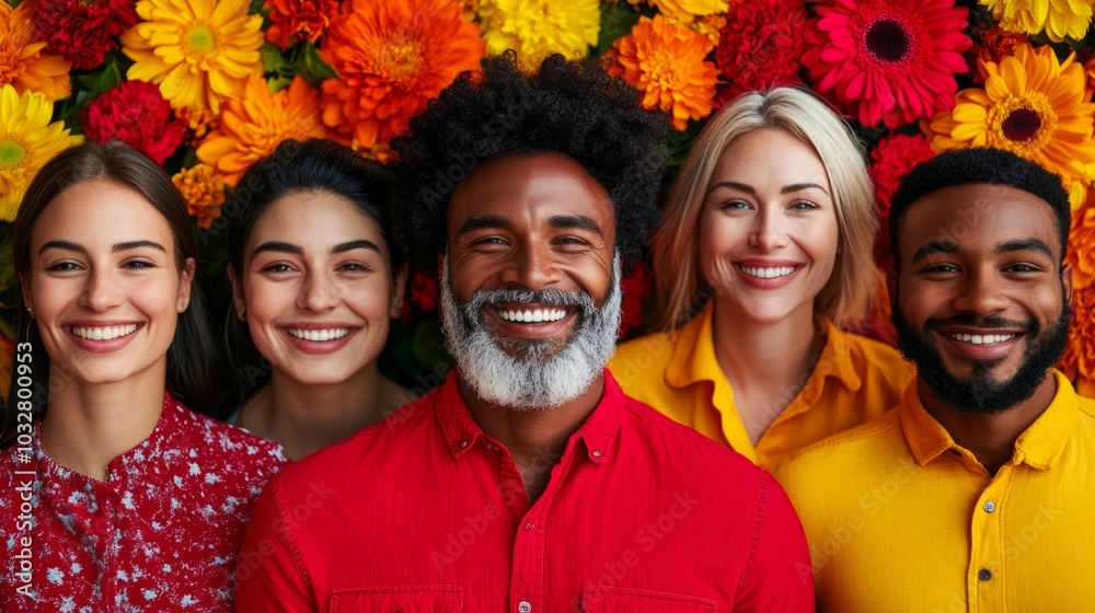 Wall mural Smiling faces of people from different cultures and ages, arranged in a vibrant collage surrounded by bright flowers and sunshine, symbolizing joy for International Day of Happiness 