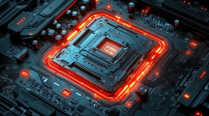 Close-up of a glowing computer motherboard.