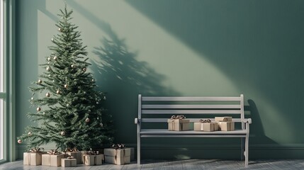 A gray bench with wrapped presents sits beneath a Christmas tree by a green wall.