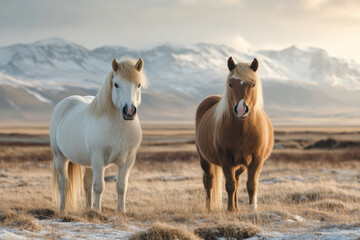 Obraz premium Majestic Icelandic horses standing in golden grass under a cloudy sky in the serene countryside