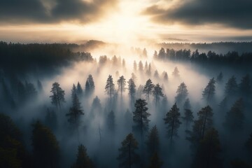 Fototapeta premium Foggy Morning Over Forest and Lake with Sunlight