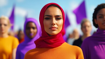 Women linking arms, walking together in a peaceful march for International Women's Day, with purple banners and flags waving in the background 