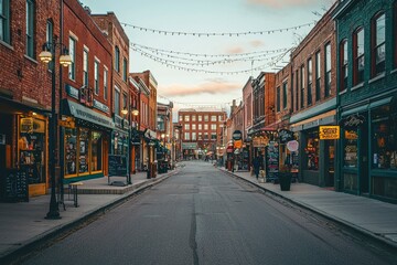 Obraz premium Empty Brick Street with String Lights and Shops at Dusk
