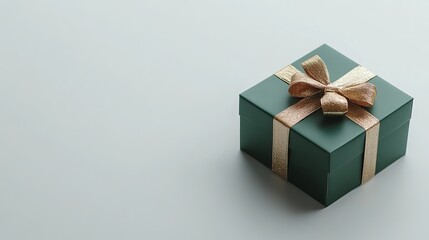 Obraz premium A green gift box with a shiny gold ribbon and bow sits alone on a plain white surface.