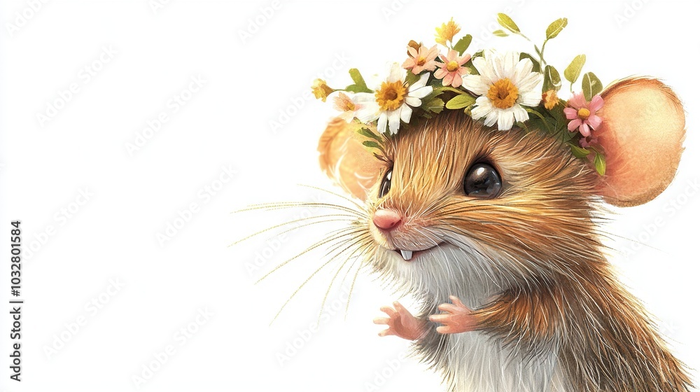 Sticker   A white-backgrounded mouse wearing a flower crown faces the camera