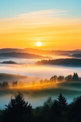 Fototapeta premium Golden Sunrise Over Misty Hills and Forests at Dawn